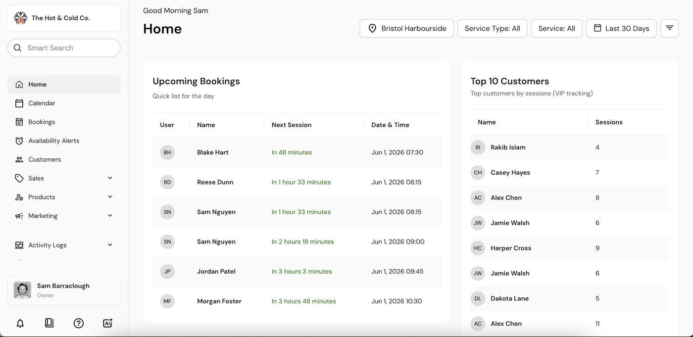 Find Your Calm operator dashboard — upcoming bookings, top customers, and real-time session management