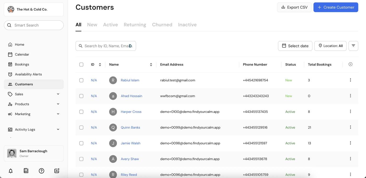 Find Your Calm customer database — imported and managed in one place